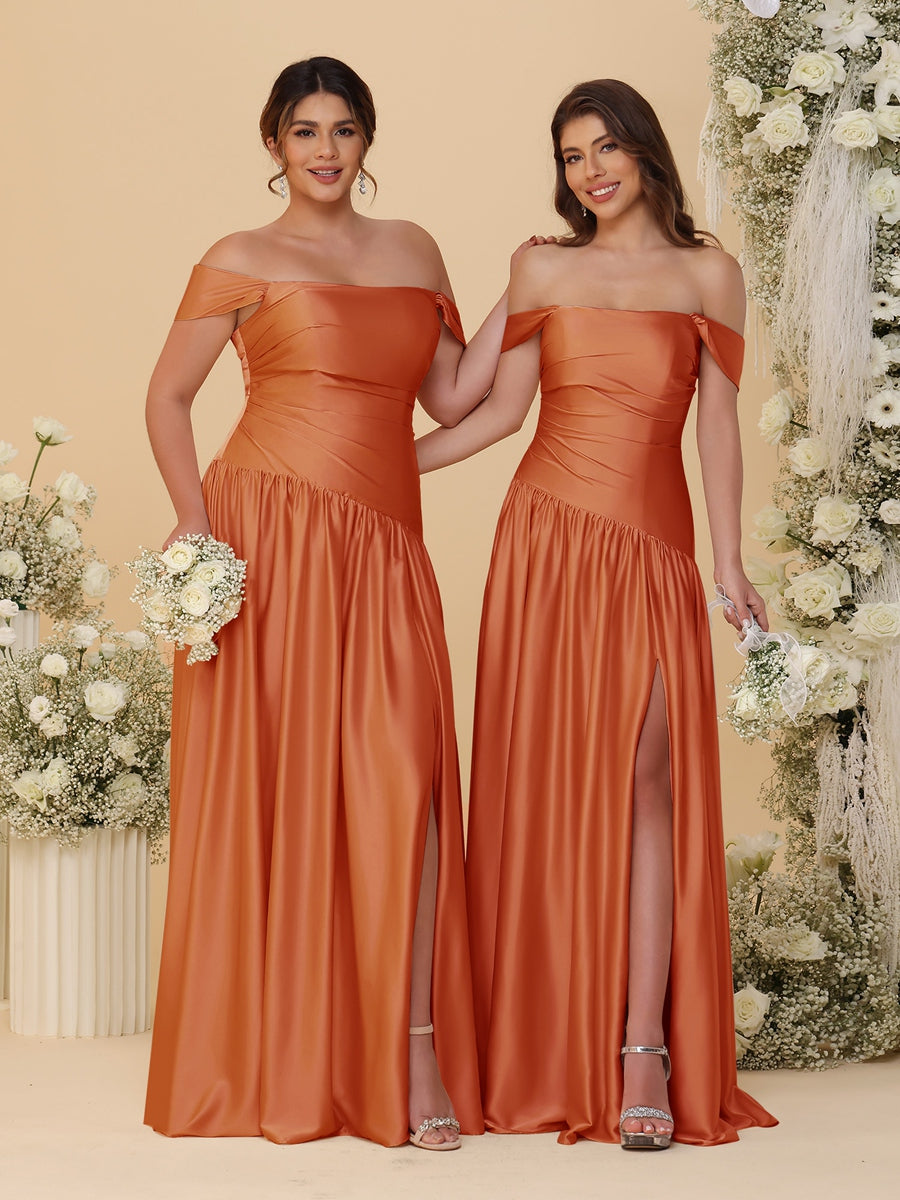 A-Line/Princess Off-the-Shoulder  Ruched Long Bridesmaid Dresses With Side Slit & Pleats