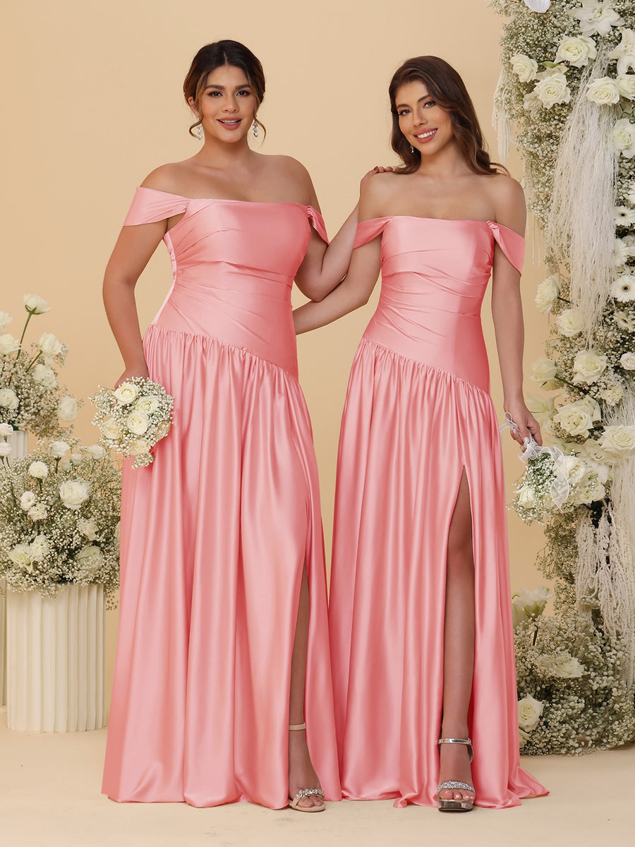 A-Line/Princess Off-the-Shoulder  Ruched Long Bridesmaid Dresses With Side Slit & Pleats