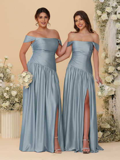 A-Line/Princess Off-the-Shoulder  Ruched Long Bridesmaid Dresses With Side Slit & Pleats