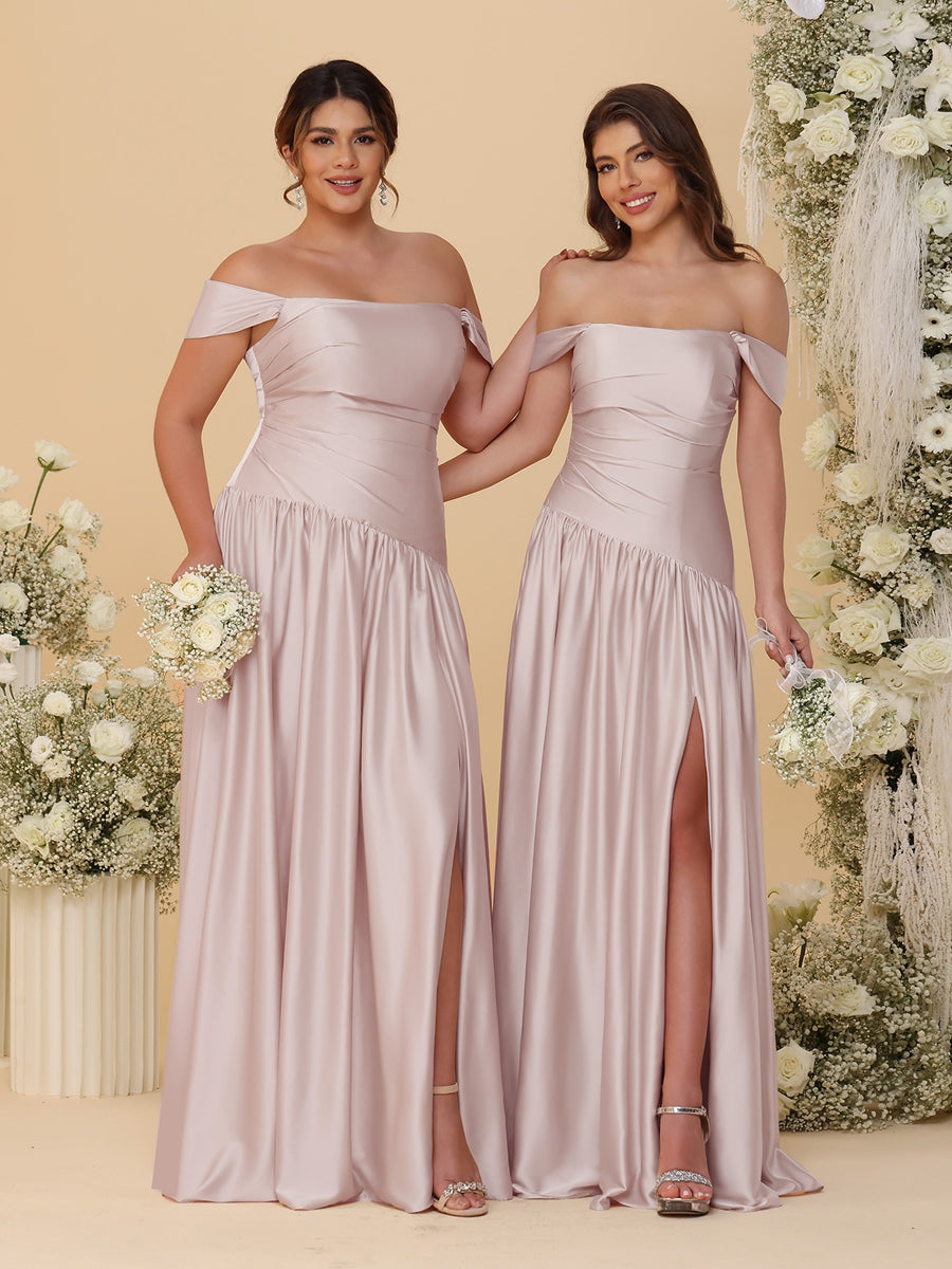 A-Line/Princess Off-the-Shoulder  Ruched Long Bridesmaid Dresses With Side Slit & Pleats