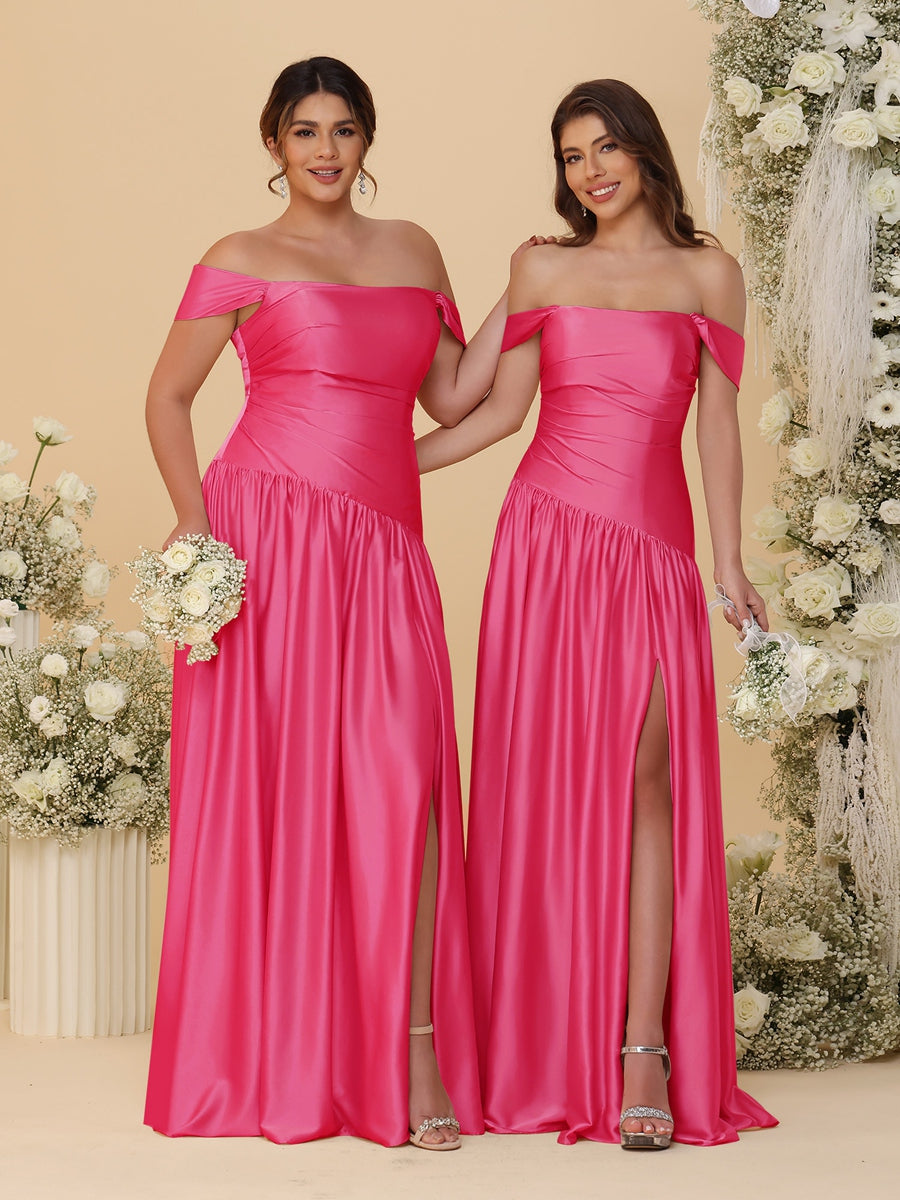 A-Line/Princess Off-the-Shoulder  Ruched Long Bridesmaid Dresses With Side Slit & Pleats