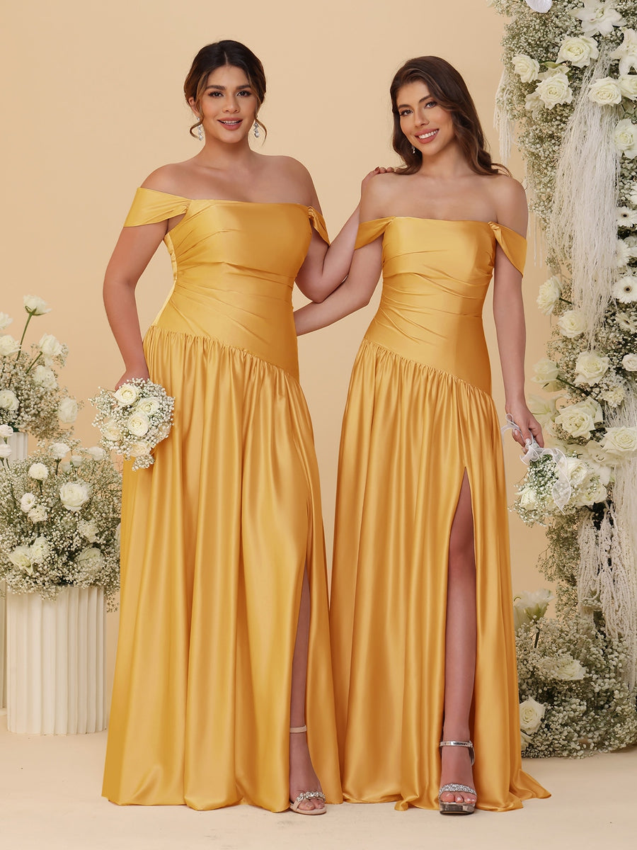 A-Line/Princess Off-the-Shoulder  Ruched Long Bridesmaid Dresses With Side Slit & Pleats