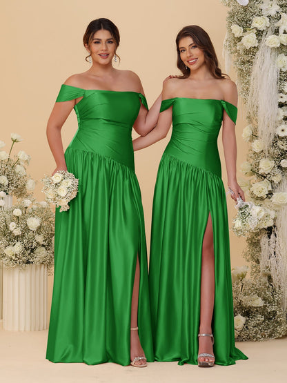 A-Line/Princess Off-the-Shoulder  Ruched Long Bridesmaid Dresses With Side Slit & Pleats