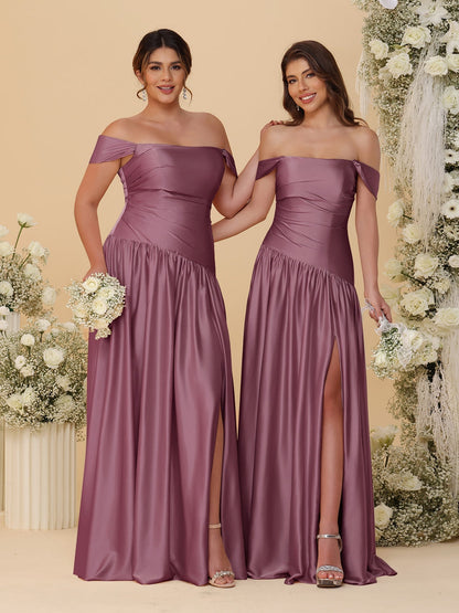 A-Line/Princess Off-the-Shoulder  Ruched Long Bridesmaid Dresses With Side Slit & Pleats