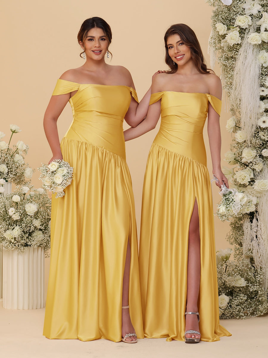 A-Line/Princess Off-the-Shoulder  Ruched Long Bridesmaid Dresses With Side Slit & Pleats