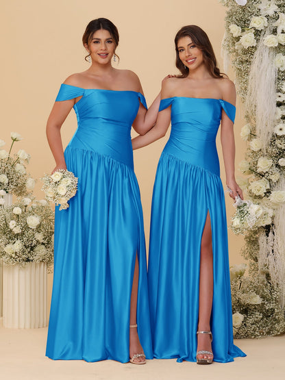 A-Line/Princess Off-the-Shoulder  Ruched Long Bridesmaid Dresses With Side Slit & Pleats
