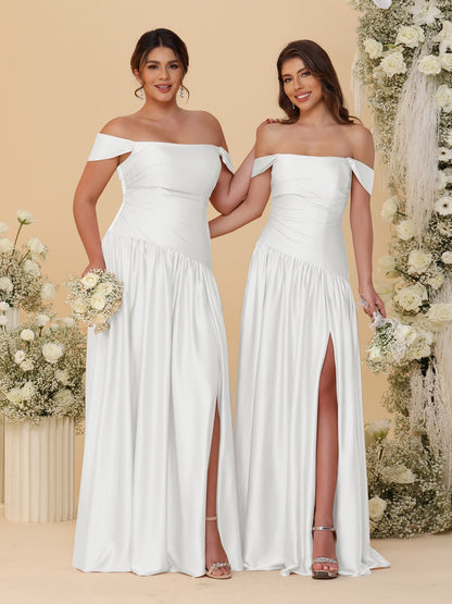 A-Line/Princess Off-the-Shoulder  Ruched Long Bridesmaid Dresses With Side Slit & Pleats