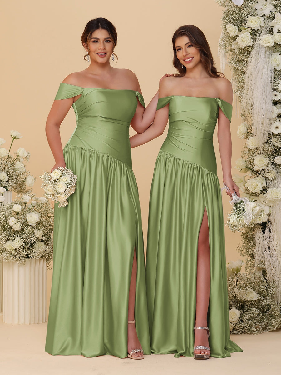 A-Line/Princess Off-the-Shoulder  Ruched Long Bridesmaid Dresses With Side Slit & Pleats