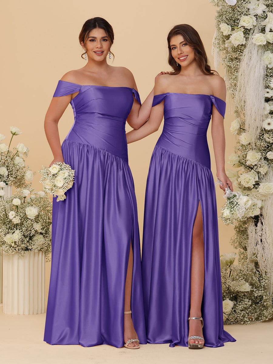 A-Line/Princess Off-the-Shoulder  Ruched Long Bridesmaid Dresses With Side Slit & Pleats