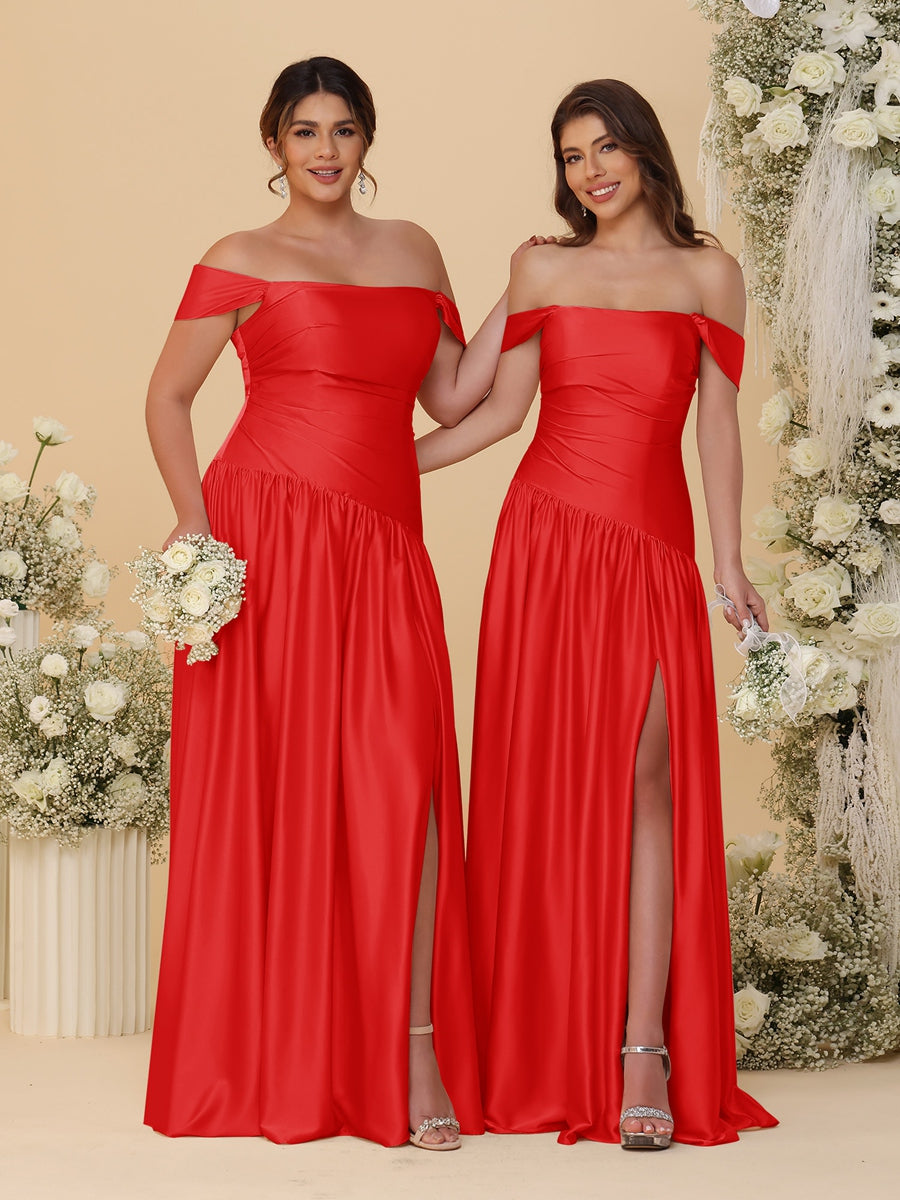 A-Line/Princess Off-the-Shoulder  Ruched Long Bridesmaid Dresses With Side Slit & Pleats