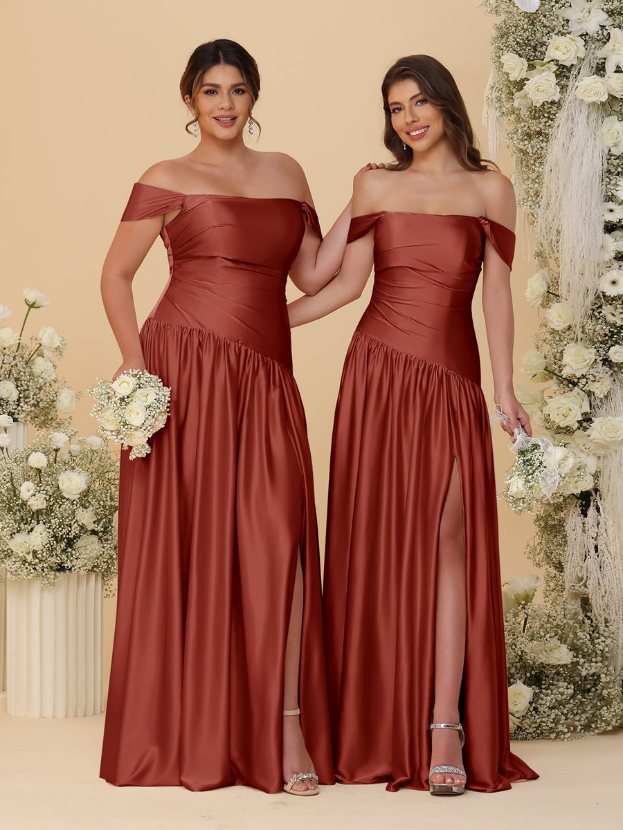 A-Line/Princess Off-the-Shoulder  Ruched Long Bridesmaid Dresses With Side Slit & Pleats