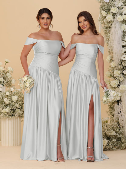 A-Line/Princess Off-the-Shoulder  Ruched Long Bridesmaid Dresses With Side Slit & Pleats