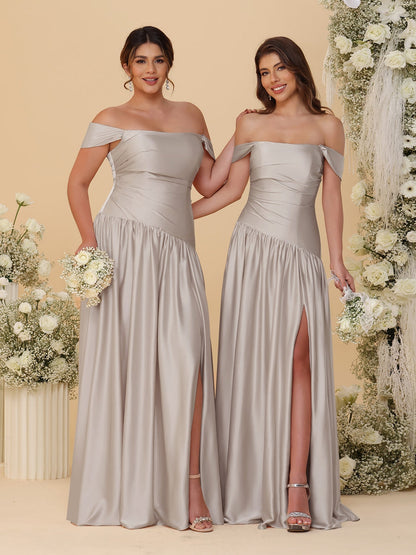 A-Line/Princess Off-the-Shoulder  Ruched Long Bridesmaid Dresses With Side Slit & Pleats