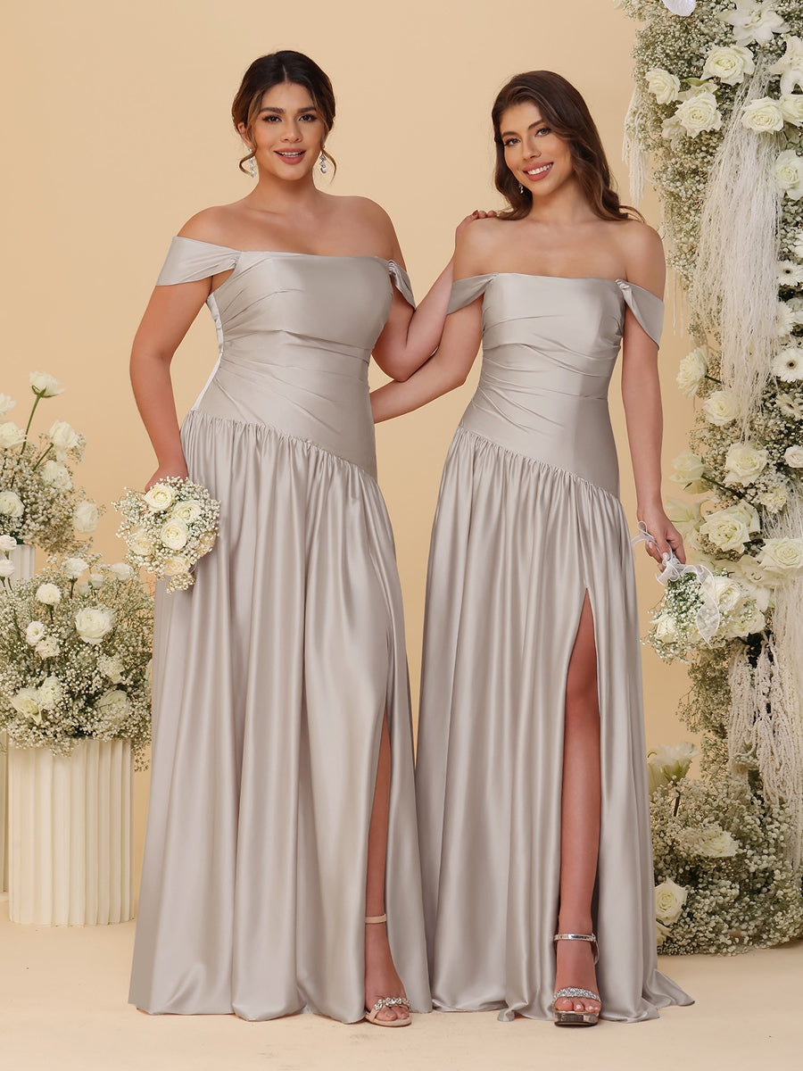 A-Line/Princess Off-the-Shoulder  Ruched Long Bridesmaid Dresses With Side Slit & Pleats