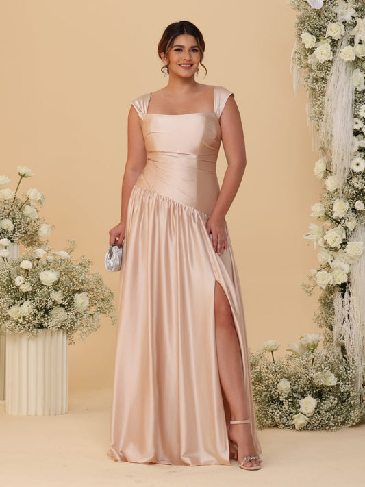 A-Line/Princess Off-the-Shoulder Plus Size Bridesmaid Dresses With Side Slit & Pleats