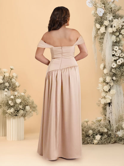 A-Line/Princess Off-the-Shoulder Plus Size Bridesmaid Dresses With Side Slit & Pleats