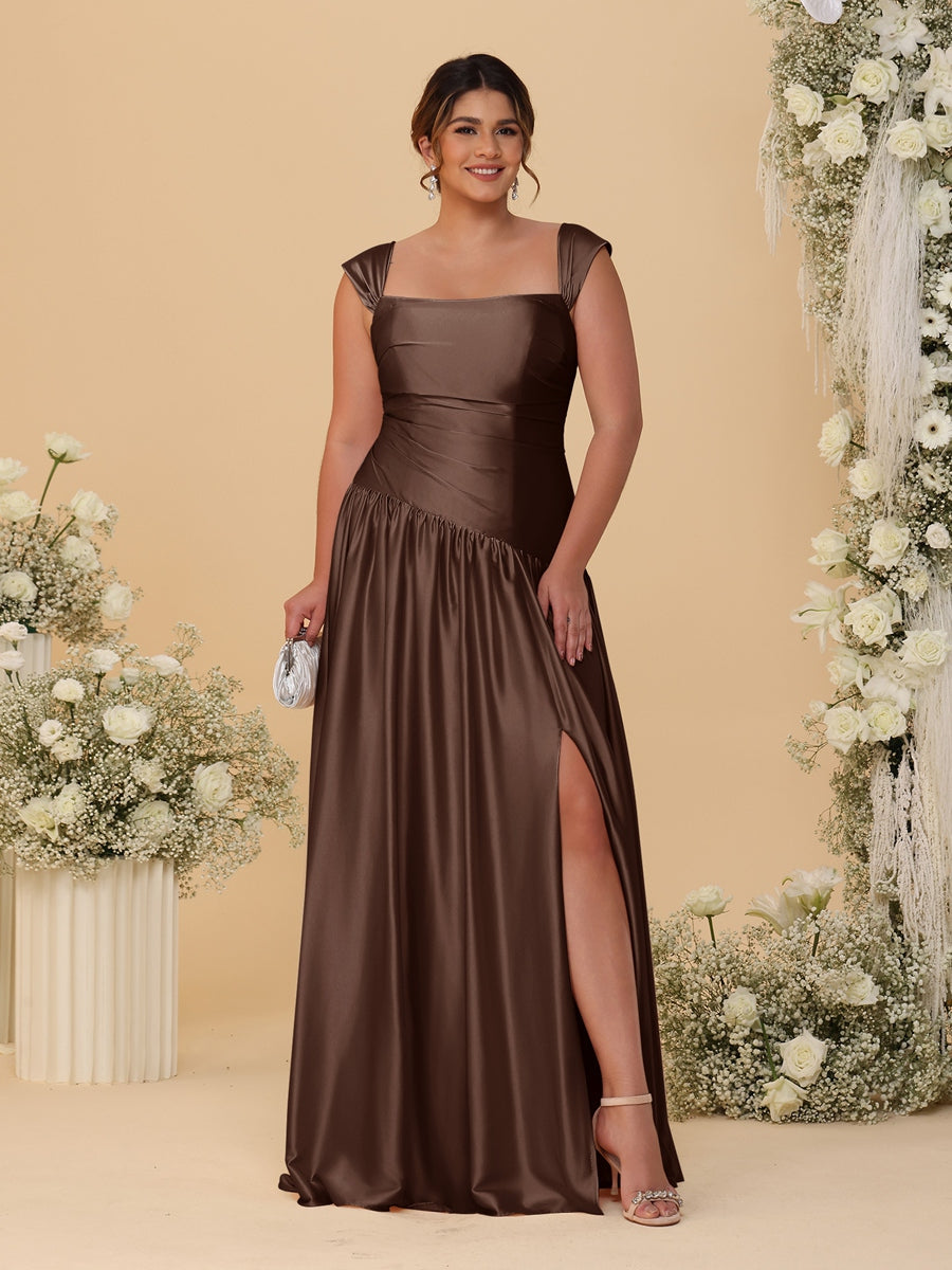 A-Line/Princess Off-the-Shoulder Plus Size Bridesmaid Dresses With Side Slit & Pleats
