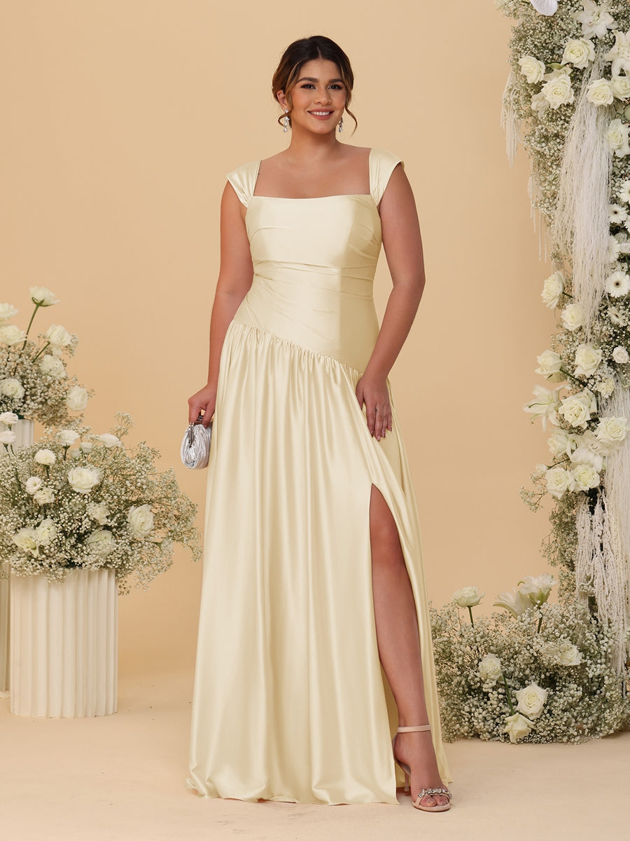 A-Line/Princess Off-the-Shoulder Plus Size Bridesmaid Dresses With Side Slit & Pleats