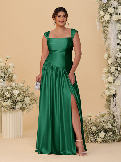 A-Line/Princess Off-the-Shoulder Plus Size Bridesmaid Dresses With Side Slit & Pleats