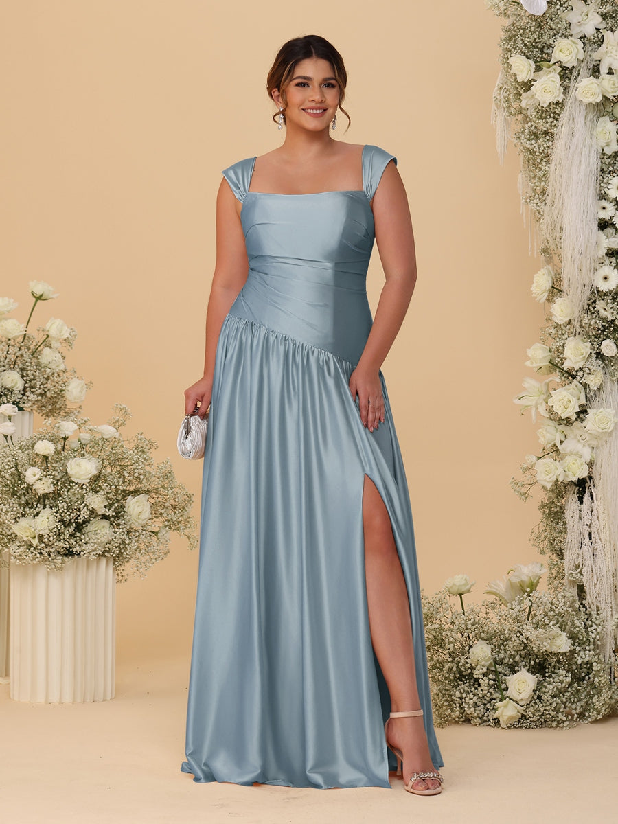 A-Line/Princess Off-the-Shoulder Plus Size Bridesmaid Dresses With Side Slit & Pleats