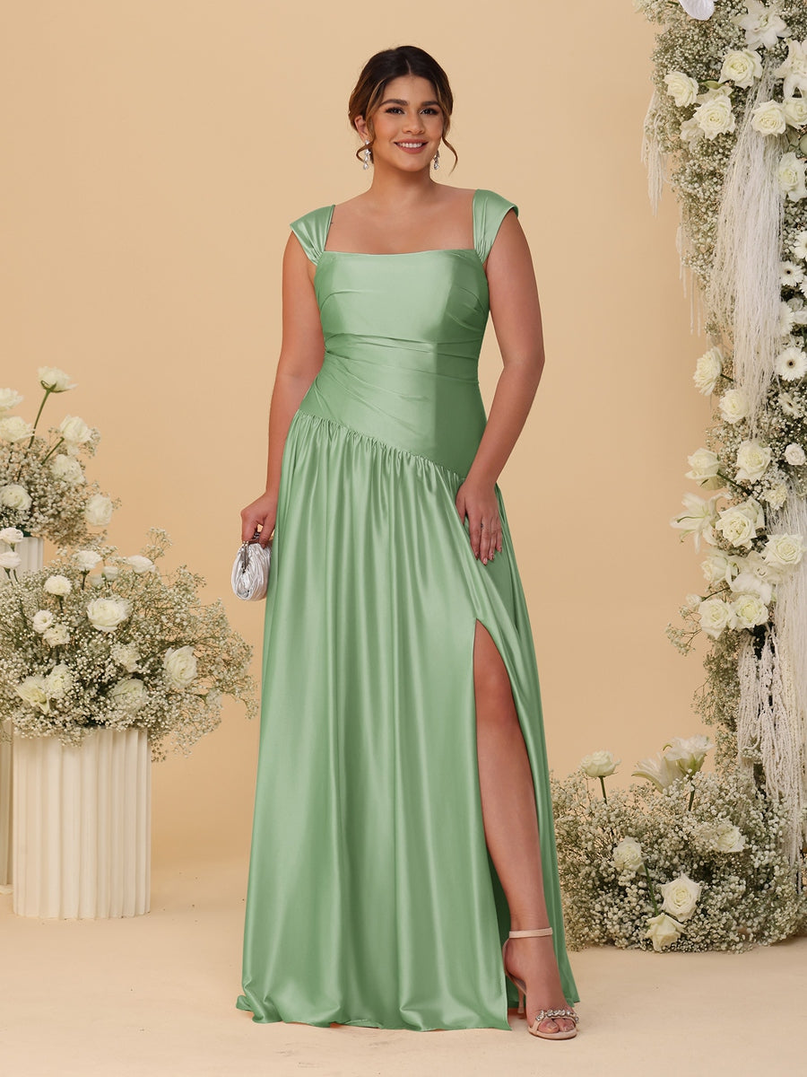 A-Line/Princess Off-the-Shoulder Plus Size Bridesmaid Dresses With Side Slit & Pleats
