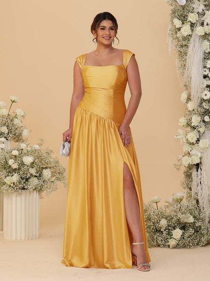 A-Line/Princess Off-the-Shoulder Plus Size Bridesmaid Dresses With Side Slit & Pleats