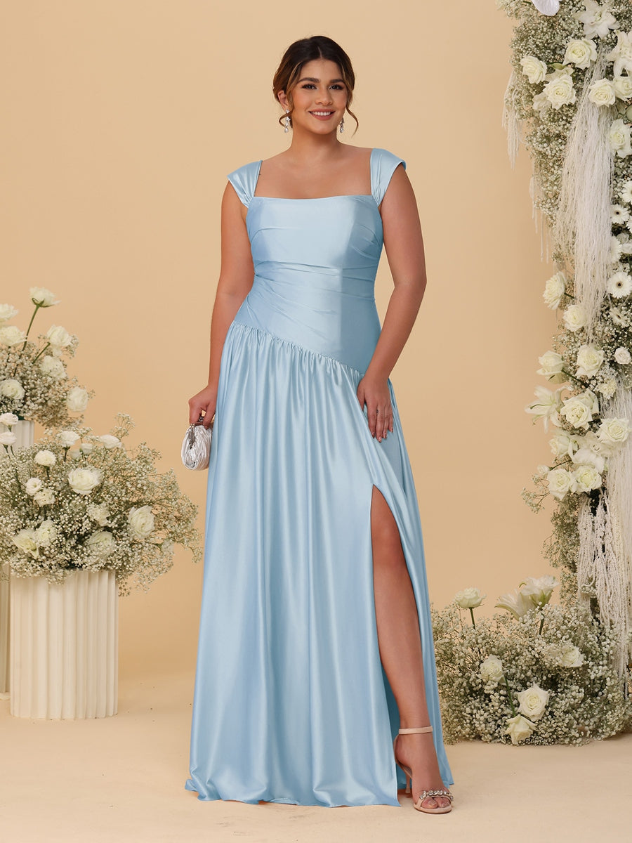 A-Line/Princess Off-the-Shoulder Plus Size Bridesmaid Dresses With Side Slit & Pleats