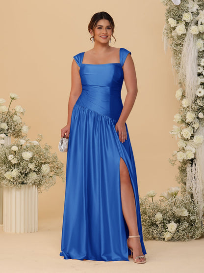 A-Line/Princess Off-the-Shoulder Plus Size Bridesmaid Dresses With Side Slit & Pleats