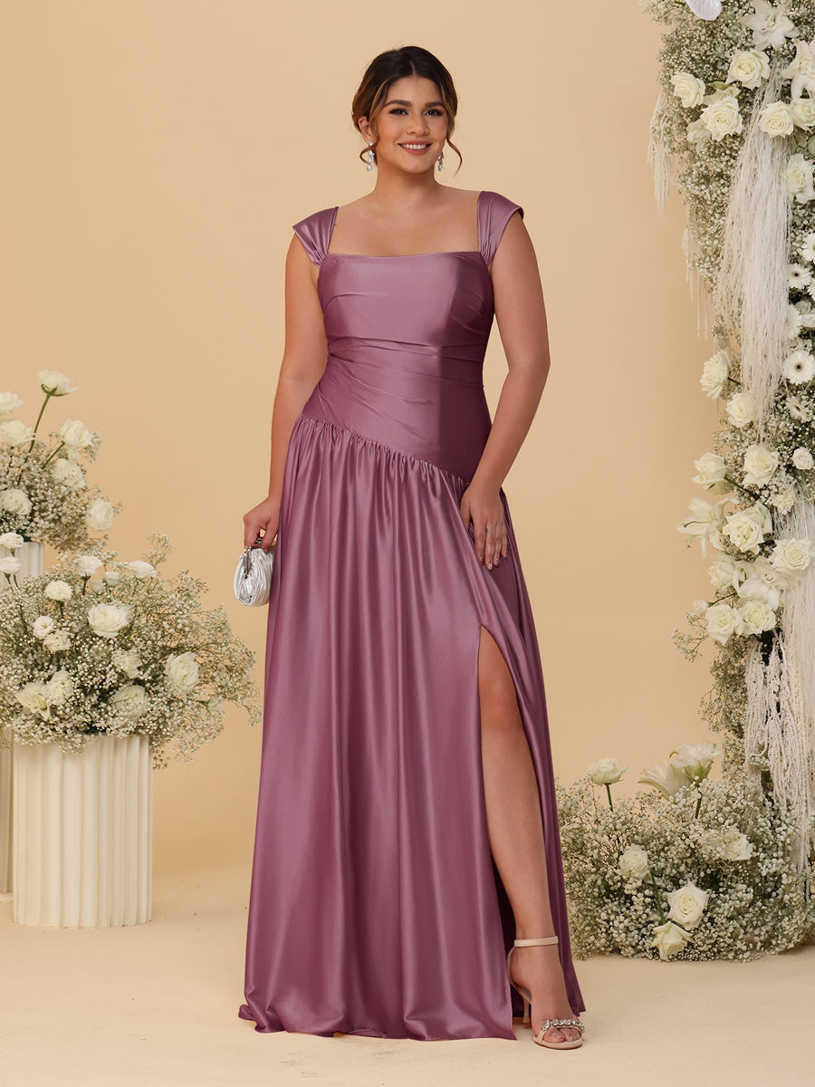A-Line/Princess Off-the-Shoulder Plus Size Bridesmaid Dresses With Side Slit & Pleats