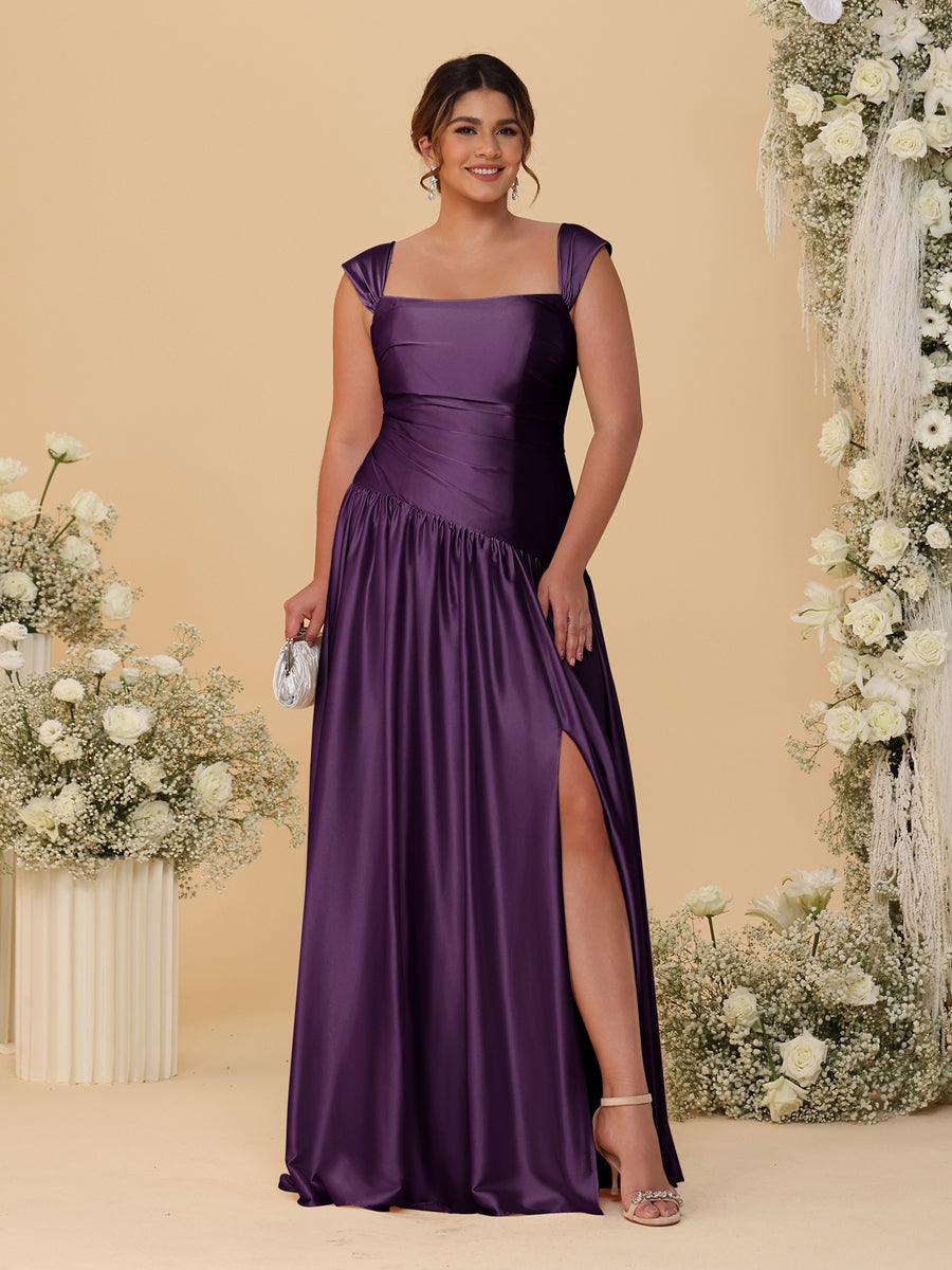 A-Line/Princess Off-the-Shoulder Plus Size Bridesmaid Dresses With Side Slit & Pleats