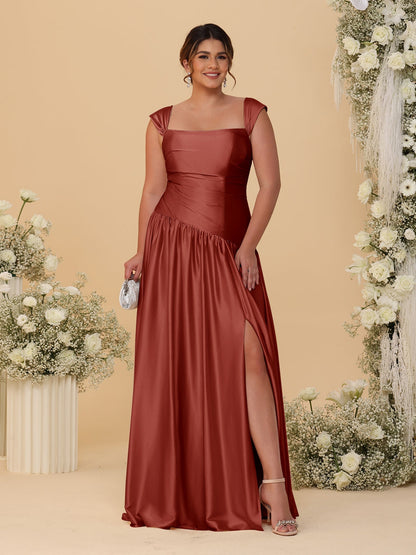 A-Line/Princess Off-the-Shoulder Plus Size Bridesmaid Dresses With Side Slit & Pleats