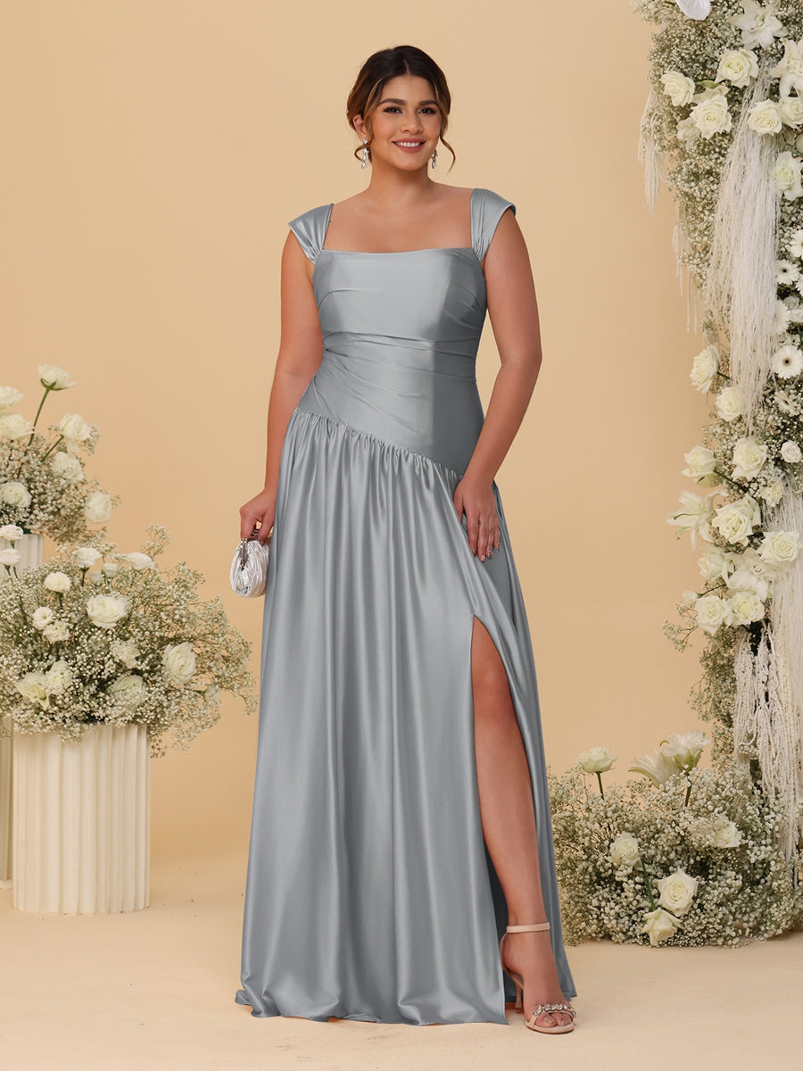 A-Line/Princess Off-the-Shoulder Plus Size Bridesmaid Dresses With Side Slit & Pleats