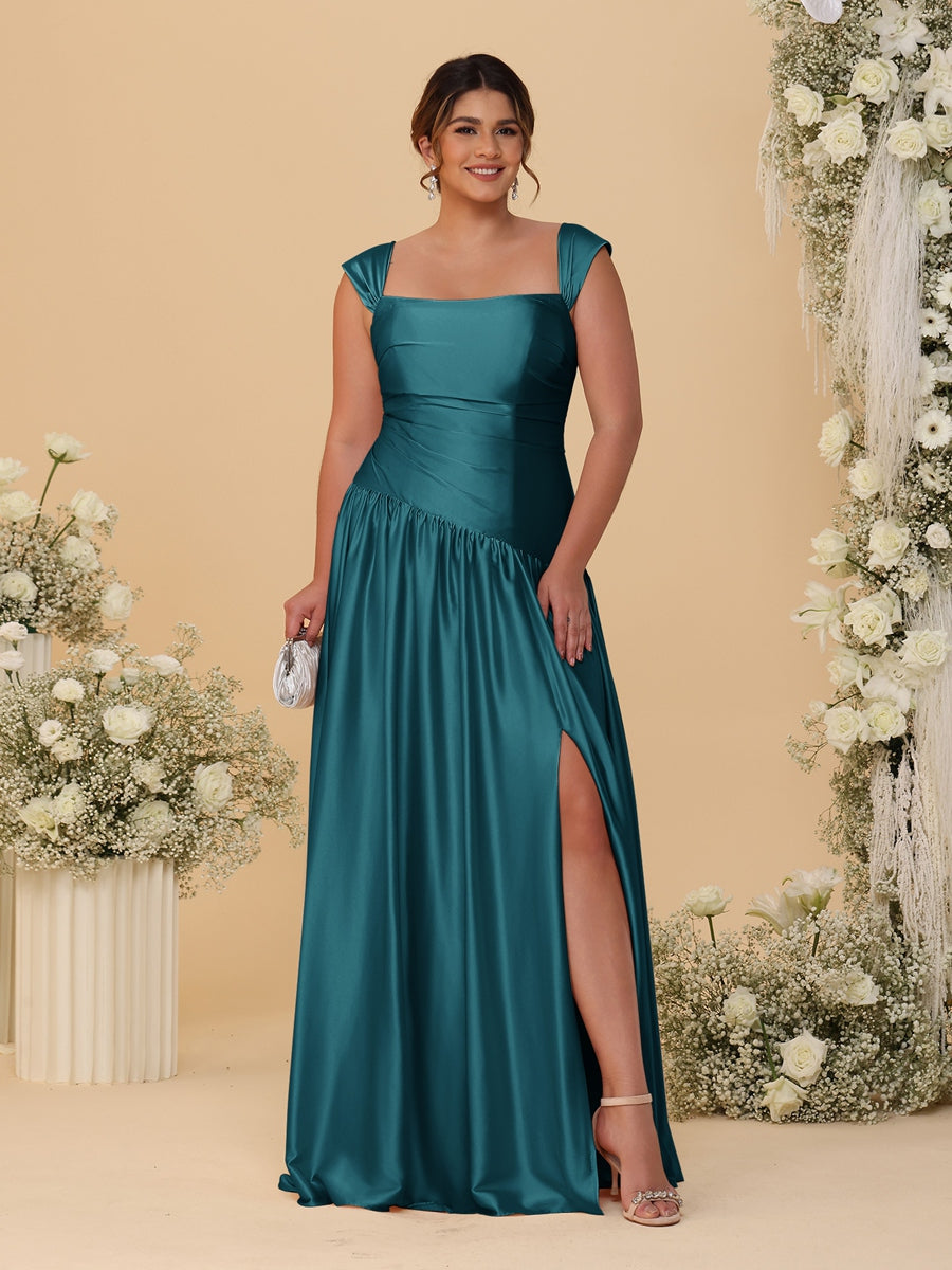 A-Line/Princess Off-the-Shoulder Plus Size Bridesmaid Dresses With Side Slit & Pleats