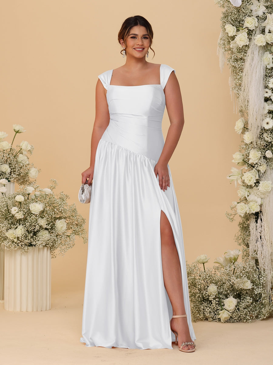 A-Line/Princess Off-the-Shoulder Plus Size Bridesmaid Dresses With Side Slit & Pleats
