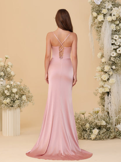 A-Line/Princess Spaghetti Straps Sleeveless Ruched Long Bridesmaid Dresses With Side Slit