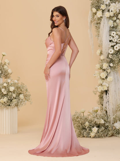 A-Line/Princess Spaghetti Straps Sleeveless Ruched Long Bridesmaid Dresses With Side Slit
