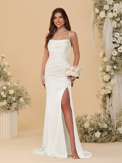 A-Line/Princess Spaghetti Straps Sleeveless Ruched Long Bridesmaid Dresses With Side Slit