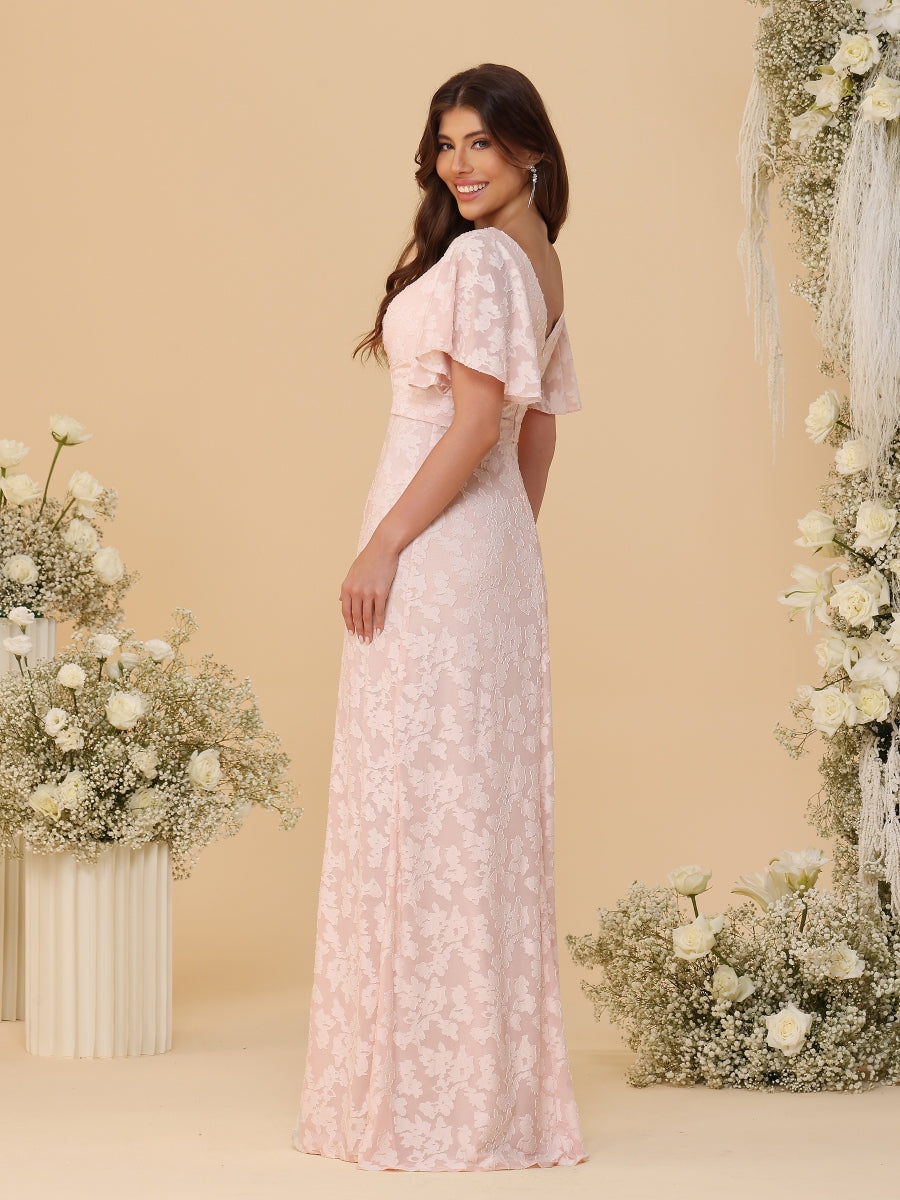 A-Line/Princess V-Neck Ruffle Short Sleeves Ruched Floor-Length Bridesmaid Dresses With Side Slit