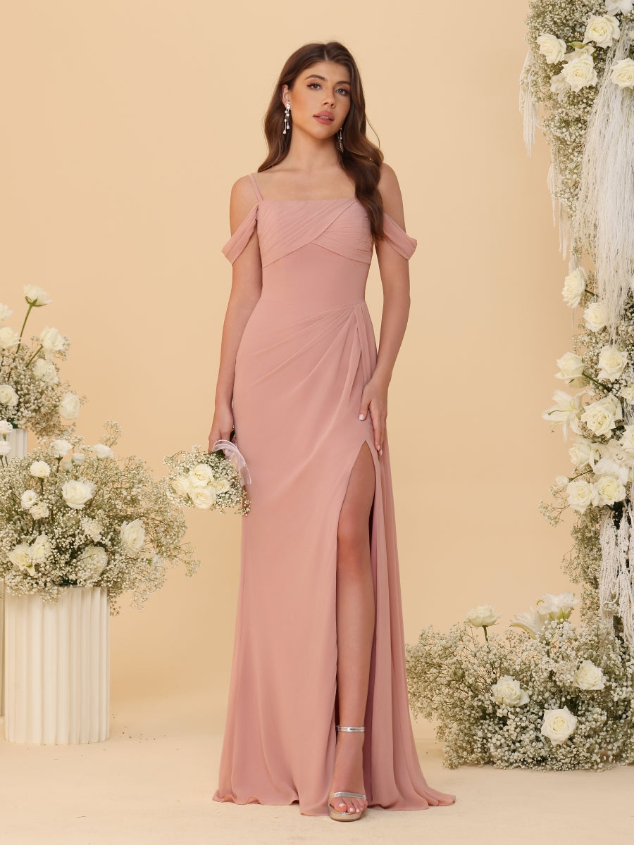 Sheath/Column Off-the-Shoulder Spaghetti Straps Long Ruched Bridesmaid Dresses With Side Slit