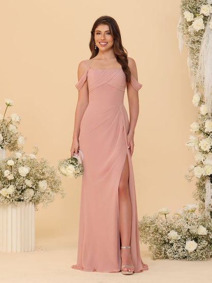 Sheath/Column Off-the-Shoulder Spaghetti Straps Long Ruched Bridesmaid Dresses With Side Slit