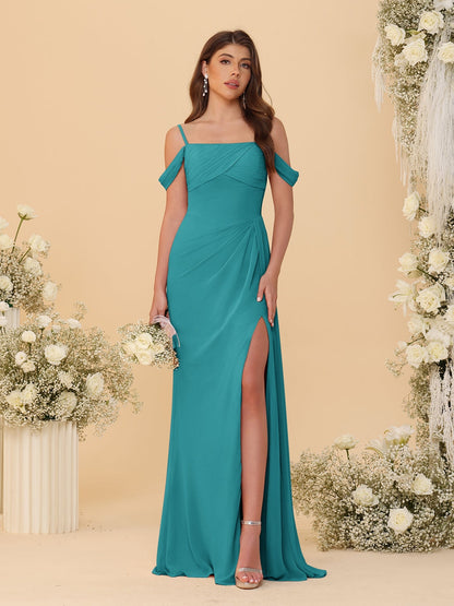 Sheath/Column Off-the-Shoulder Spaghetti Straps Long Ruched Bridesmaid Dresses With Side Slit