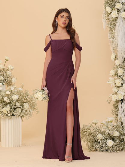 Sheath/Column Off-the-Shoulder Spaghetti Straps Long Ruched Bridesmaid Dresses With Side Slit