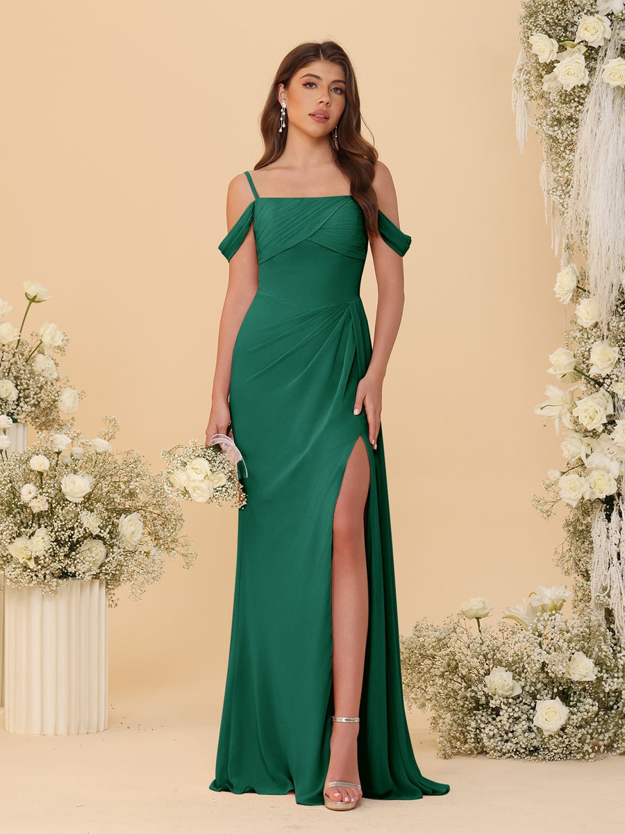 Sheath/Column Off-the-Shoulder Spaghetti Straps Long Ruched Bridesmaid Dresses With Side Slit