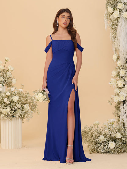 Sheath/Column Off-the-Shoulder Spaghetti Straps Long Ruched Bridesmaid Dresses With Side Slit