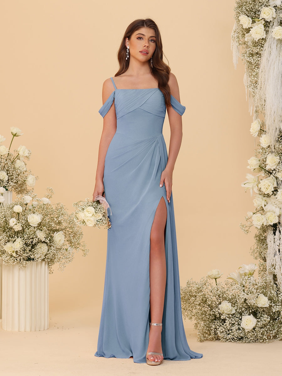 Sheath/Column Off-the-Shoulder Spaghetti Straps Long Ruched Bridesmaid Dresses With Side Slit