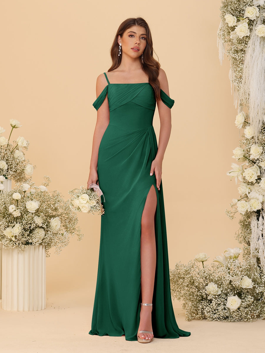 Sheath/Column Off-the-Shoulder Spaghetti Straps Long Ruched Bridesmaid Dresses With Side Slit