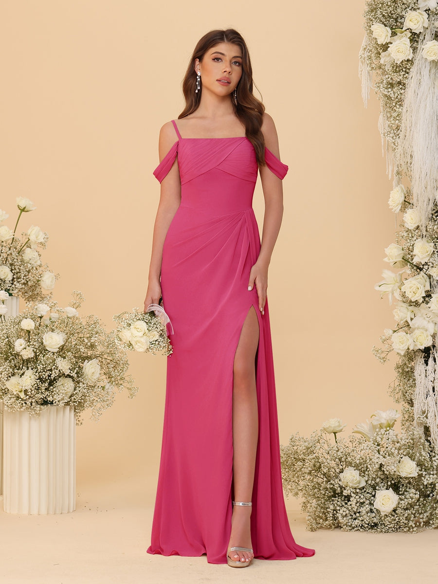 Sheath/Column Off-the-Shoulder Spaghetti Straps Long Ruched Bridesmaid Dresses With Side Slit