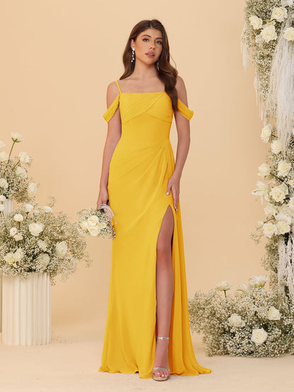 Sheath/Column Off-the-Shoulder Spaghetti Straps Long Ruched Bridesmaid Dresses With Side Slit