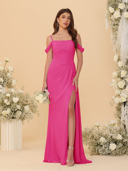 Sheath/Column Off-the-Shoulder Spaghetti Straps Long Ruched Bridesmaid Dresses With Side Slit