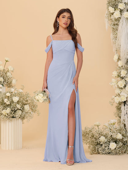 Sheath/Column Off-the-Shoulder Spaghetti Straps Long Ruched Bridesmaid Dresses With Side Slit
